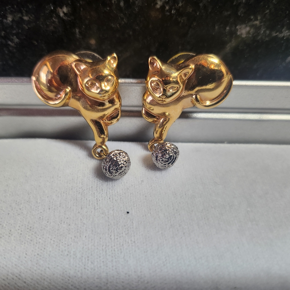 Gold Cat Earrings with Silver Accents